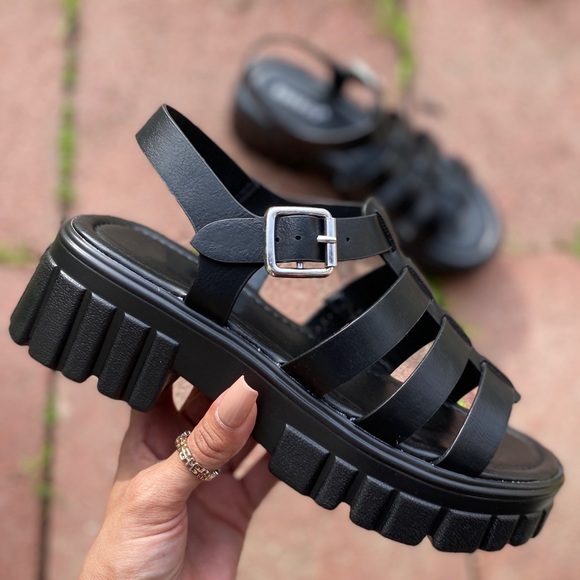 Shoes - Black Vegan Leather Chunky Sole Caged Gladiator Sandals are